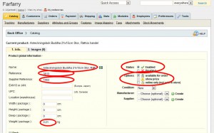 Fyll i fälten Name, Reference, Suppliers Reference, Weight ( package ), Status och Options.