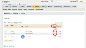 Under Status klickar du på den gröna bocken så att den blir ett rött kryss på de fraktalternativ du vill inaktivera. Under Status klickar du på den gröna bocken så att den blir ett rött kryss på de fraktalternativ du vill inaktivera.
