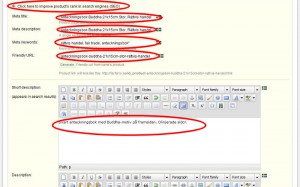 Klicka på "Klicka på Click here to improve product's rank in search engines (SEO)" och fyll i fälten Meta title, Meta description, Meta keywords, Friendly URL samt fyll i fältet Short description.