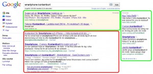 Sökresultat på Google. Röd ruta markerar de "organiska sökresultaten" och grön ruta markerar de "sponsrade länkarna" (betalda annonser).